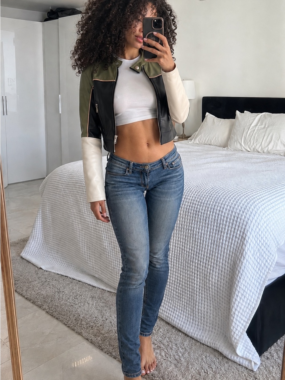 AKIRA Colorblock Cropped Leather Jacket in Black, Olive & Cream